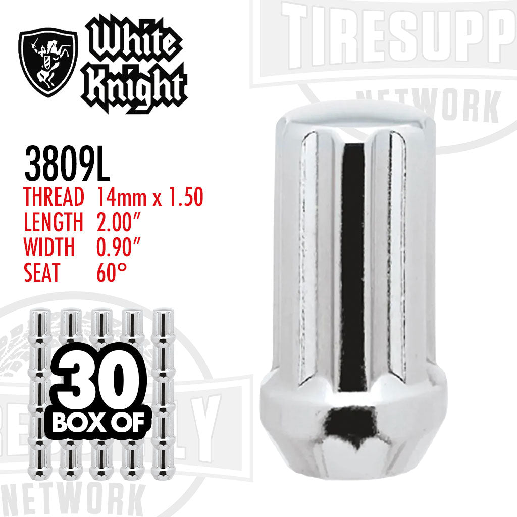 White Knight 3809L | Chrome Duplex Spline Acorn Long Lug Nut - Thread Size 14mm x 1.50 - Box of 30