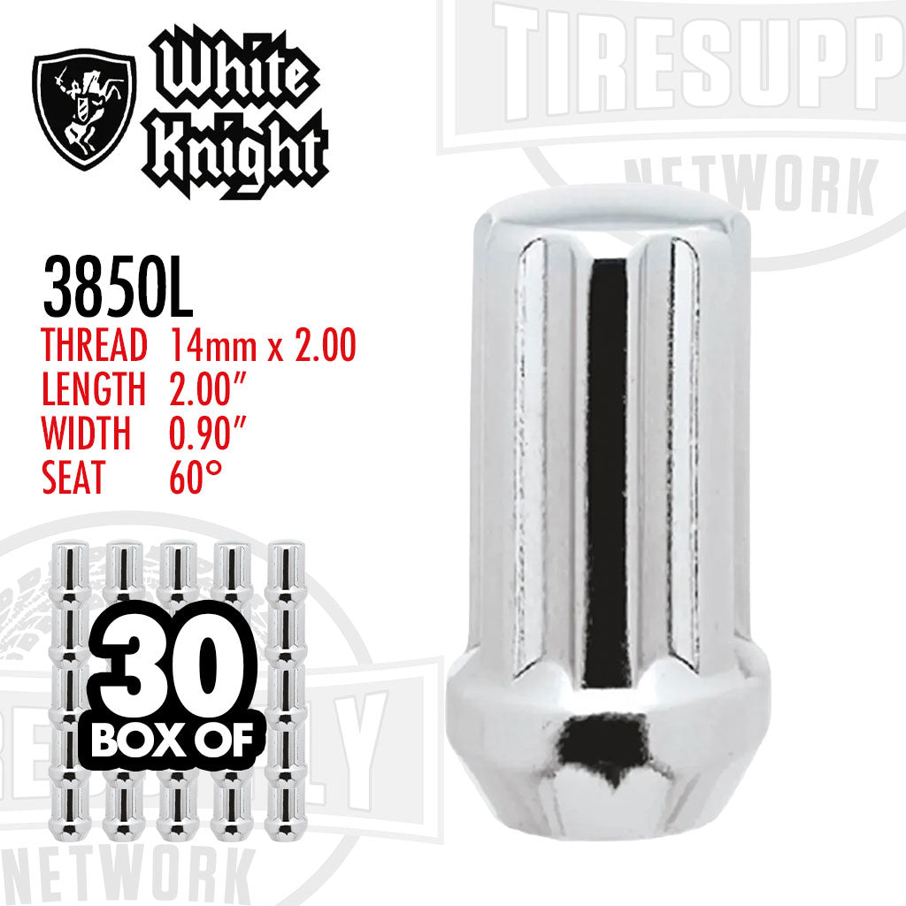 White Knight 3850L | Chrome Duplex Spline Acorn Long Lug Nut - Thread Size 14mm x 2.00 - Box of 30
