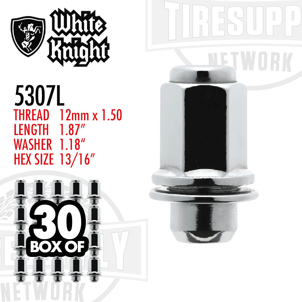 White Knight 5307L | Chrome Toyota Long Mag OEM Factory Lug Nut with Washer - Thread Size 12mm x 1.50 - Box of 30
