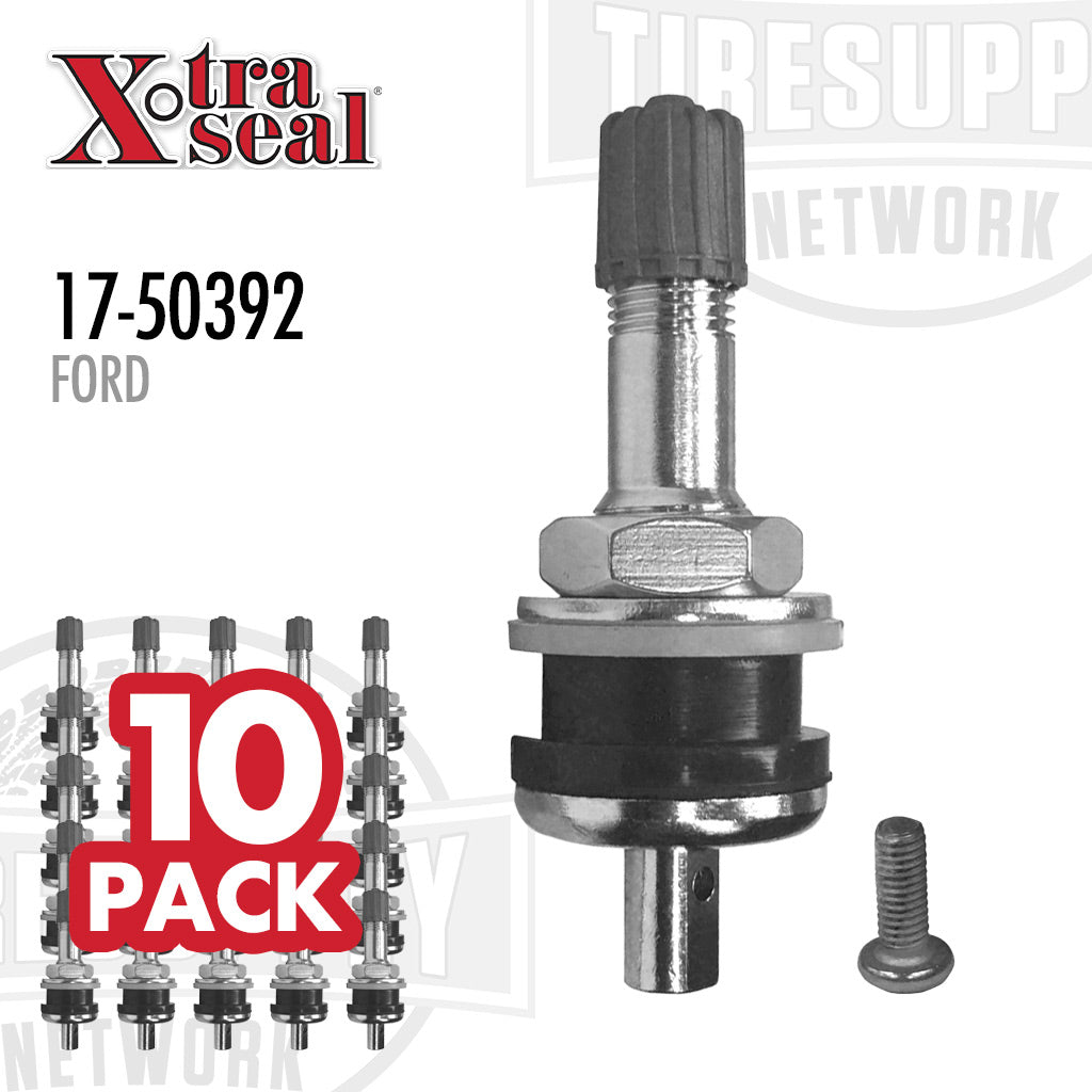 A pack of 10 Xtra Seal metal valve stems for tire pressure monitoring systems, predominantly silver in color, with the Xtra Seal logo and the product number 17-50392 visible.