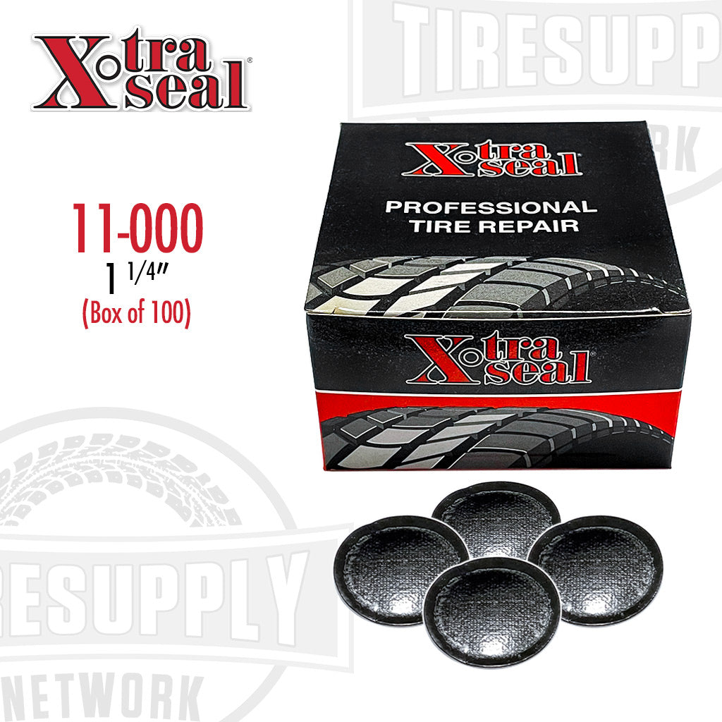 A box of Xtra Seal mini round feather-edge tube patch repair with several patches displayed in front. 11-000