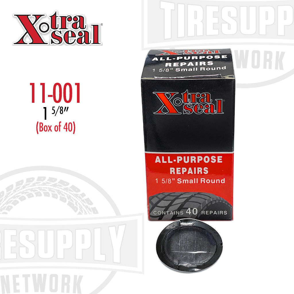 A product image featuring a box labeled Xtra Seal with a depiction of a black tube patch and the text '1 5/8" Small Round' indicating the size of the patch. The box mentions it contains 40 repairs. 11-001