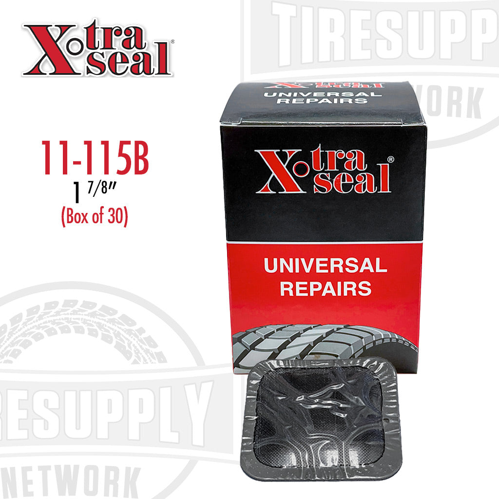 A small square universal tire repair patch by Xtra Seal, shown next to its packaging box which indicates a box of 30 patches. The patch is designed for nail hole repairs in passenger and light truck tires. 11-115B