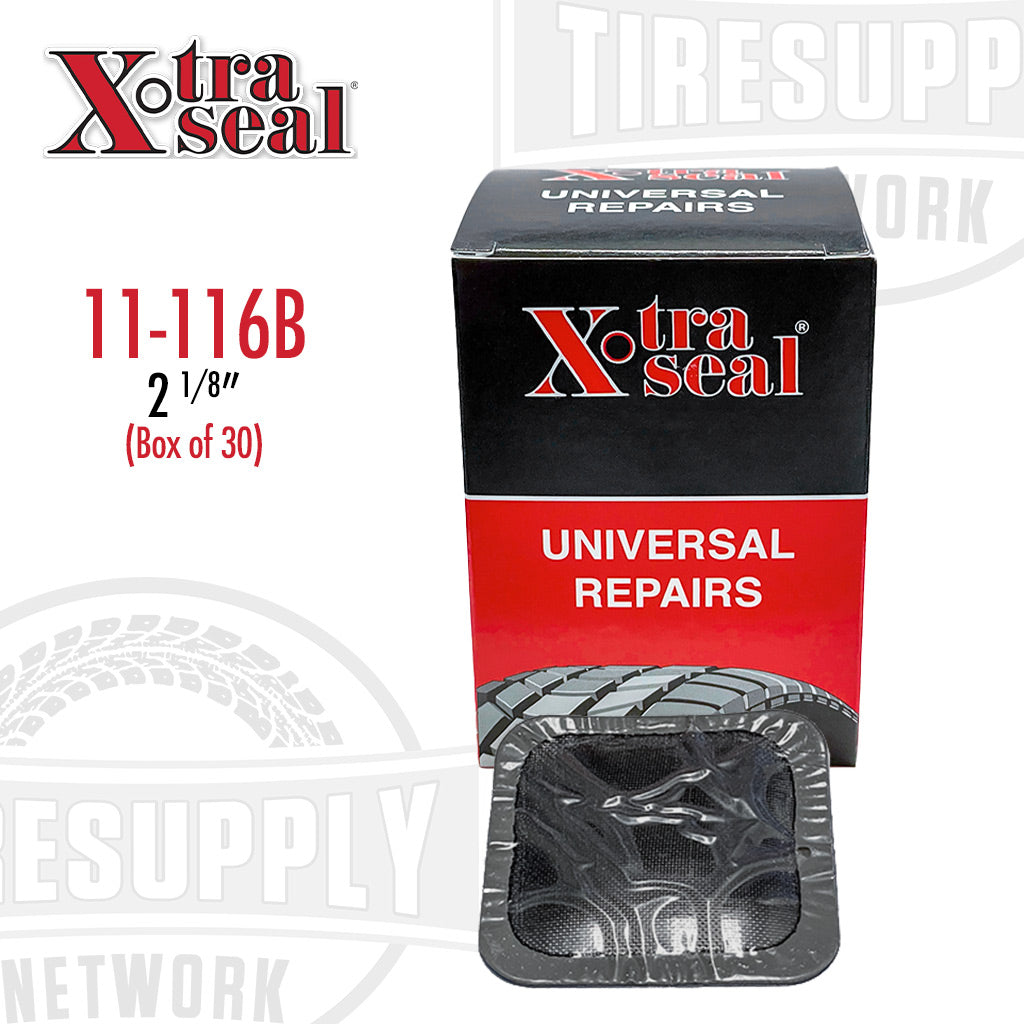 A box of Xtra Seal universal tire repair patches, with the patch itself visible through a cut-out window on the box. The patch is gray with a blue backing, and the box is black with red and white text and graphics. 11-116B