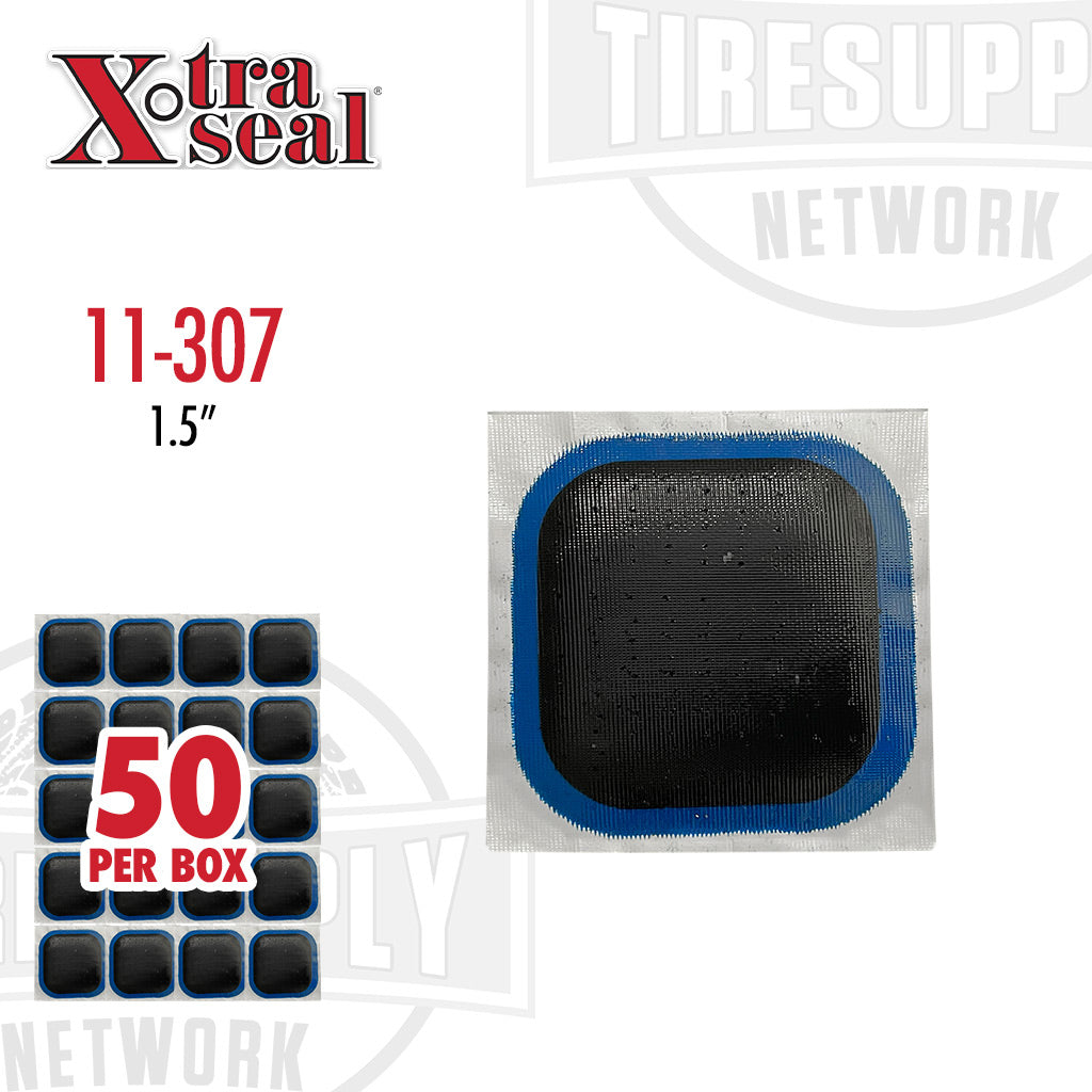A box of Xtra Seal brand square-shaped tire patches, with the specific product number 11-307 and size 1.5 inches mentioned, against a white background.