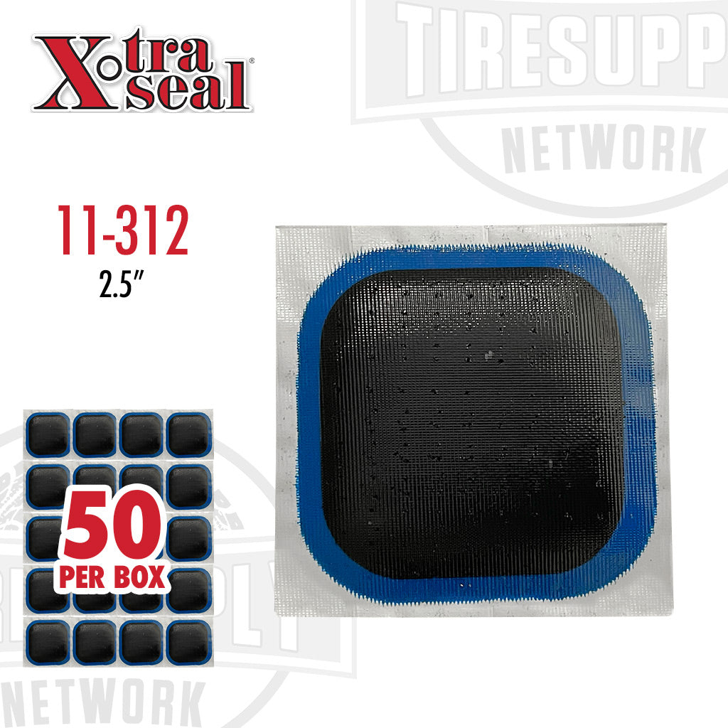 A black square tire patch with a blue border, labeled with the brand Xtra Seal and the size '2.5 inches'.