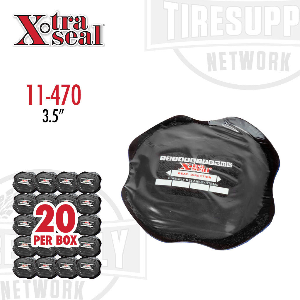 A black bias patch tire repair product from Xtra Seal, with packaging indicating 20 pieces per box and a size of 3.5 inches. 11-470
