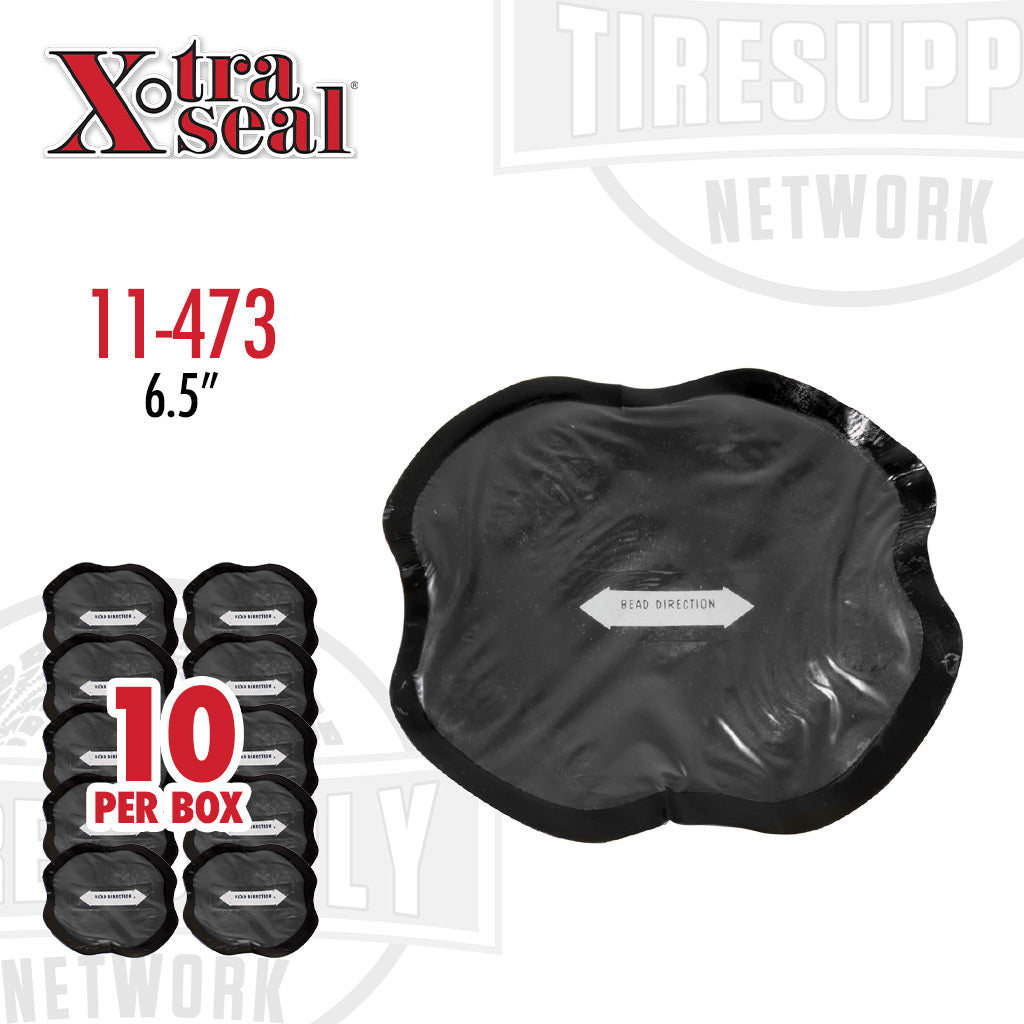 A black bias patch tire repair product from Xtra Seal, with packaging indicating it is 6.5 inches in size, and there are 10 patches per box. 11-473