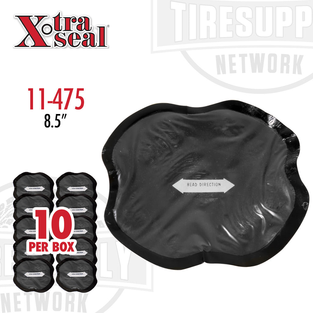 A black bias patch tire repair product from Xtra Seal, with packaging indicating the size as 8 1/2 inches, and a box containing 10 pieces. 11-475