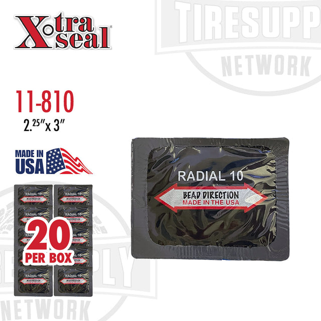 Packaging for Xtra Seal Radial 10 Tire Patch Repair Units, showing the box with individual patches inside, and text indicating size, ply count, quantity per box, and that the product is made in the USA.