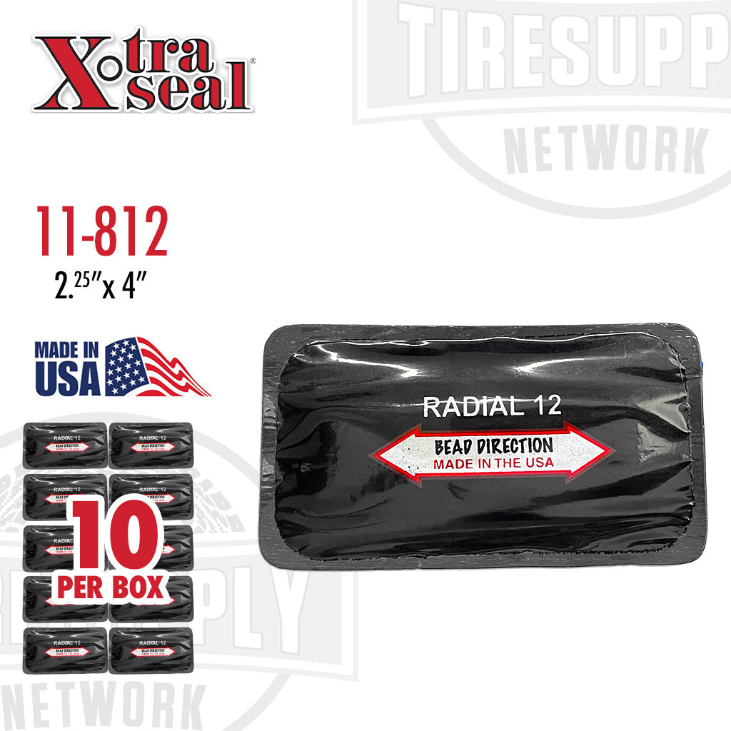 A box of Xtra Seal Radial 12 tire repair patches with individual patches visible, indicating the size and the brand's American flag icon, suggesting the product is made in the USA.