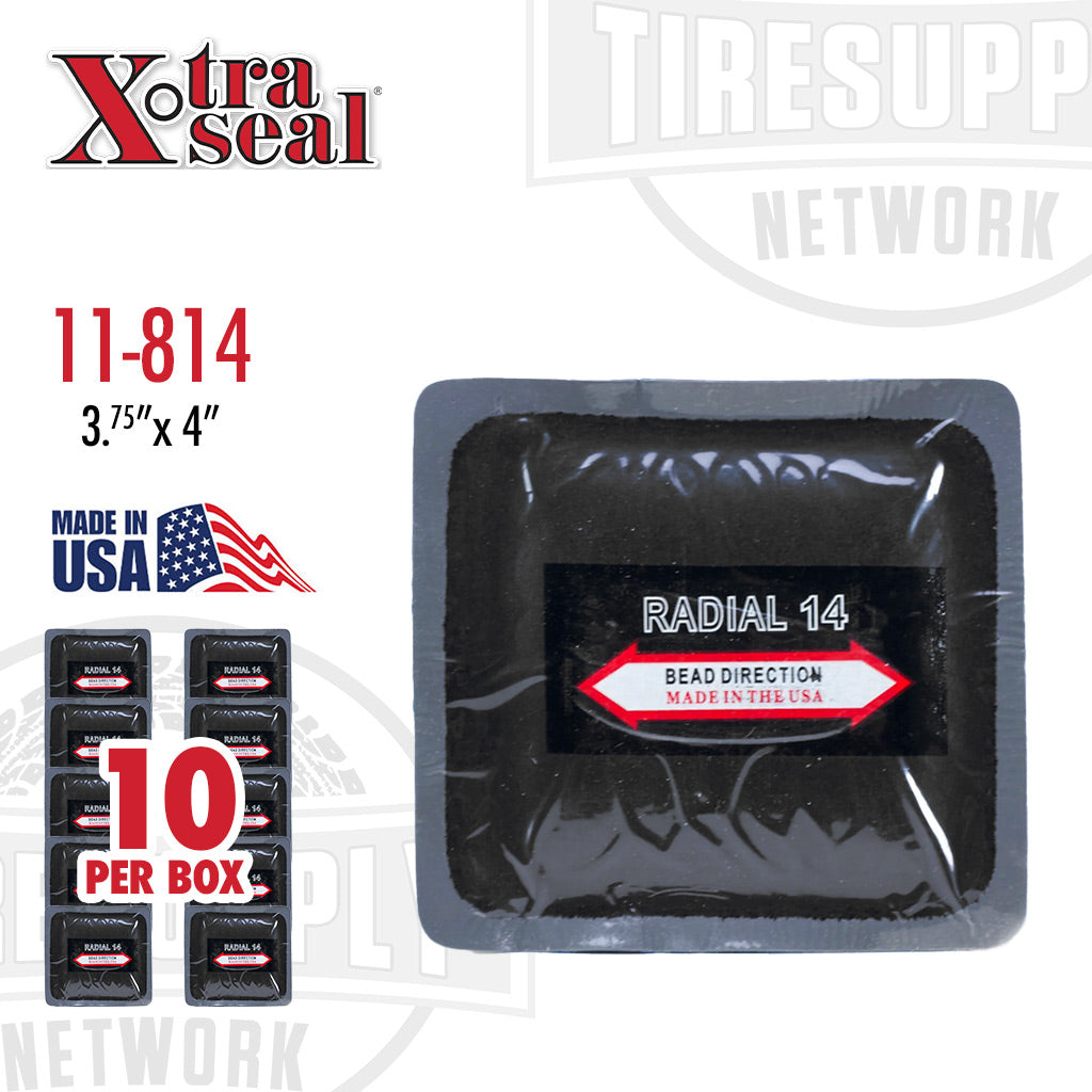 Packaging of Xtra Seal Radial 14 Patch Repair, showing the patch itself and indicating it is made in the USA, sold per box, size 3 3/4" x 4", and the product part number 11-814.