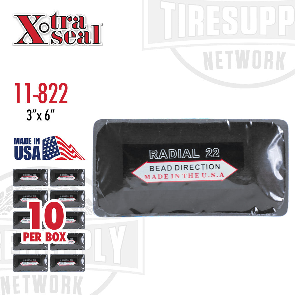 Packaging for Xtra Seal Radial 22 Patch Repair, showing the product size and indicating it is made in the USA, with 10 patches per box.