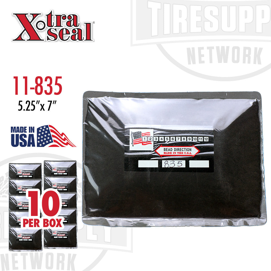 A pack of Xtra Seal tire repair patches, model 11-835, with a size of 5 1/4" x 7", made in the USA. 11-835