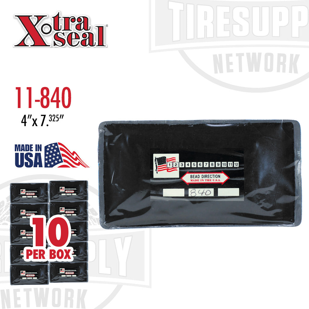 A box of Xtra Seal Radial 40 Patch Repair tire patches with 10 pieces per box, displayed with the product visible through a clear plastic front. 11-840