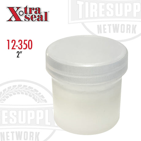 A small white plastic container labeled Xtra Seal with a number 12-350 and a measurement of 2 inches on the side, against a background featuring the Tire Repair Network logo.