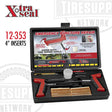 Xtra Seal emergency tire puncture repair kit with 4-inch inserts and premium handle tools, displayed in an open black case with red and silver tools, and a small jar of lubricant. 12-353