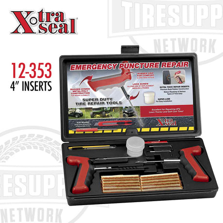 Xtra Seal emergency tire puncture repair kit with 4-inch inserts and premium handle tools, displayed in an open black case with red and silver tools, and a small jar of lubricant. 12-353