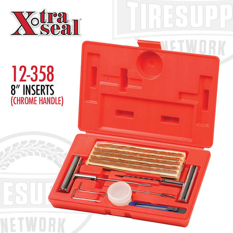 Xtra Seal tire puncture repair kit with red plastic case, showing chrome T-handle tools and brown string-type tire repair plug inserts. 12-358
