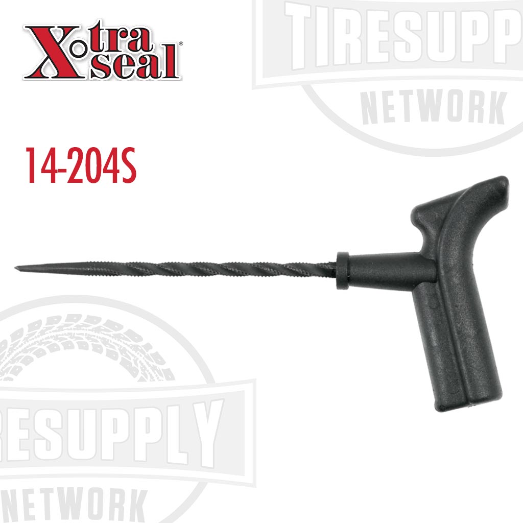 A black knurled spiral cement probe with a pistol-grip handle, used for tire repair, with the Xtra Seal brand logo and product code 14-204S displayed.