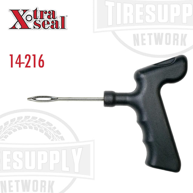 A black pistol grip tire repair tool with a split-eye insert needle, branded Xtra Seal. 14-216