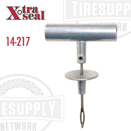 A silver-colored Die-Cast T-Handle Split-Eye Needle Insertion Tool with a stopper for tire repair. 14-217