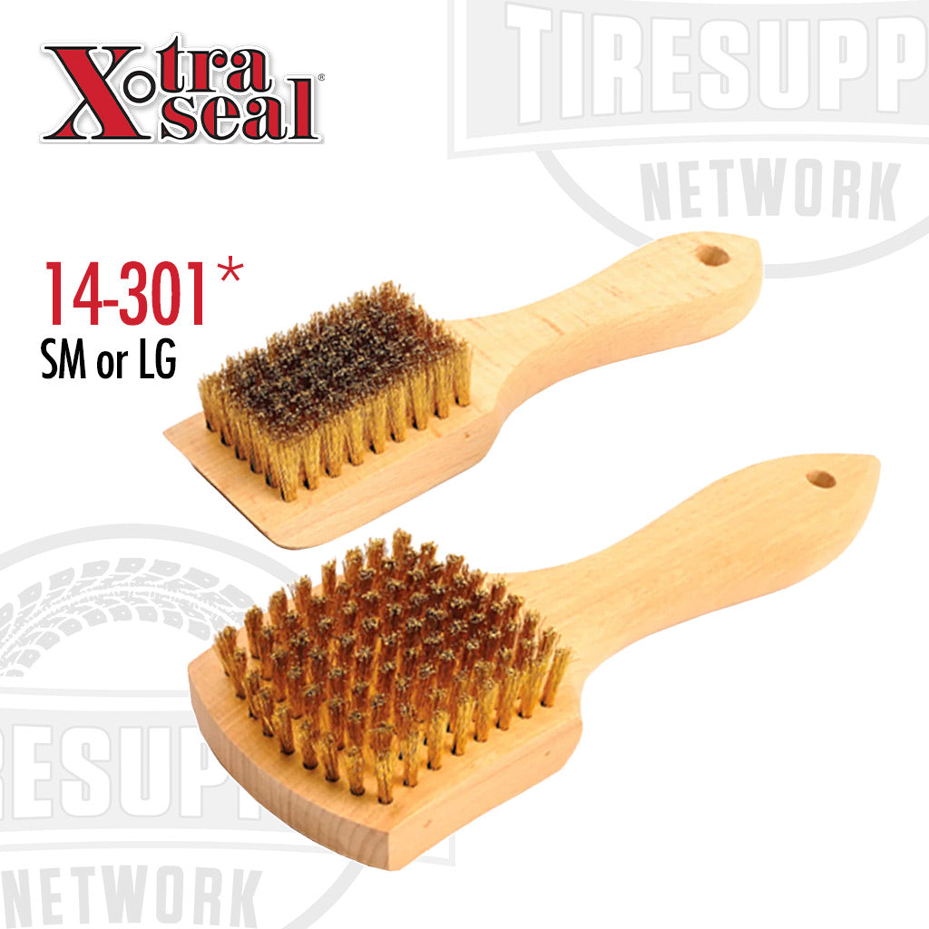 Two brass sidewall tire brushes with wooden handles, one small and one large, on a white background with Xtra Seal branding. 14-301 14-301A
