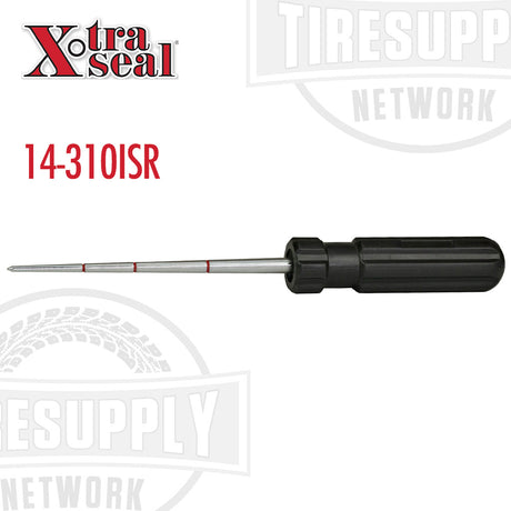 A black Xtra Seal tire repair screwdriver handle with a power-awl tip and injury size ring guide. 14-310ISR