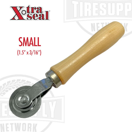 A small tire stitcher with a wood handle and metal roller, used for repairing tires. 14-314 Small 1.5" x 3/16"