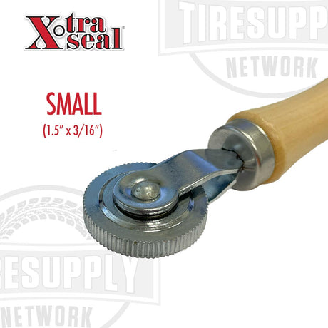 Small tire repair tool with wooden handle and metal wheel, branded 'Xtra Seal' on a white background. Small 1.5" x 3/16"