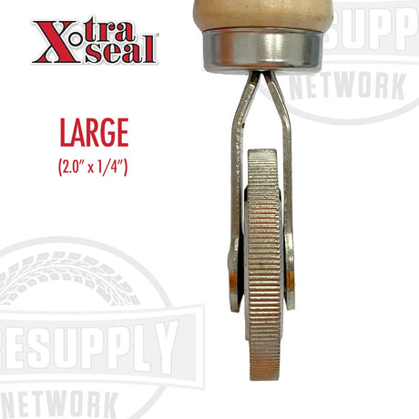 Metallic pulley system with wooden handle labeled 'Xtra Seal' on a white background. Large 2.0" x 1/4"