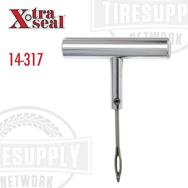 A chrome-plated split eye needle with a T-handle end slot, used for tire repair. 14-317