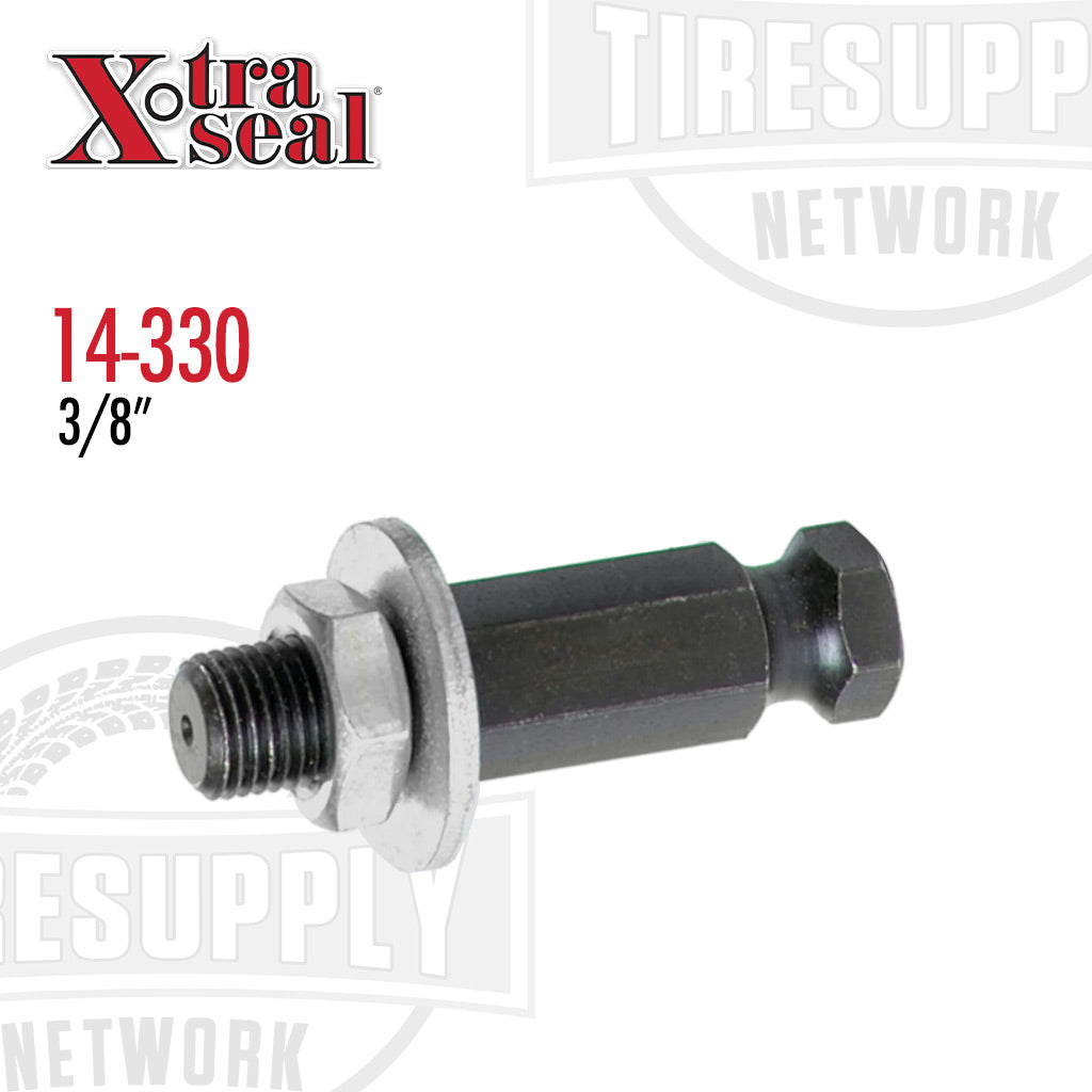 A black metal quick change adapter with 3/8 inch threads, including a nut and washer, for tire buffing wheels. 14-330