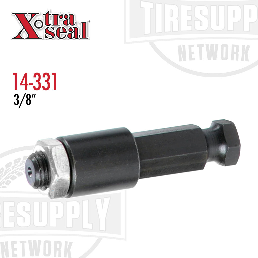 A black long quick change adapter with spacer and 3/8 threads for tire repair, with the Xtra Seal logo and product number 14-331 displayed.