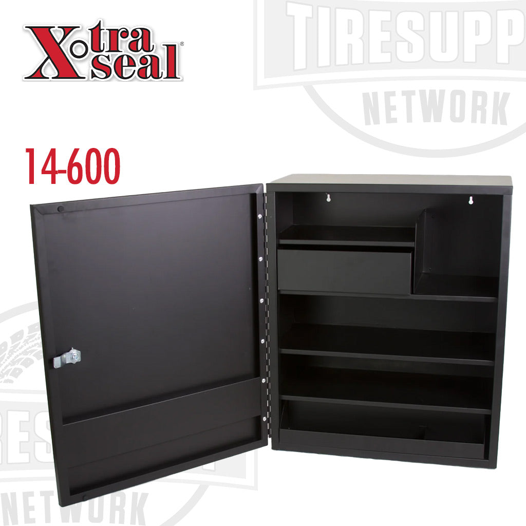 A black metal storage wall cabinet with multiple compartments, branded with 'Xtra Seal' and model number '14-600'.