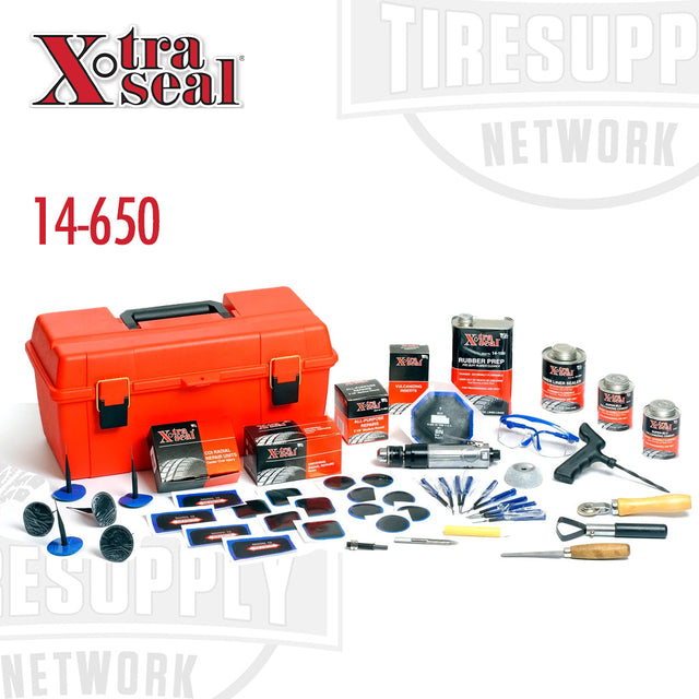 An array of tire repair tools and materials displayed around a red plastic toolbox with the Xtra Seal brand visible. 14-650