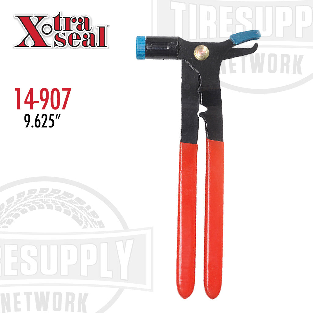 A pair of red-handled Xtra Seal no-mar wheel weight pliers for aluminum rims, with black grips and blue accents. 14-907