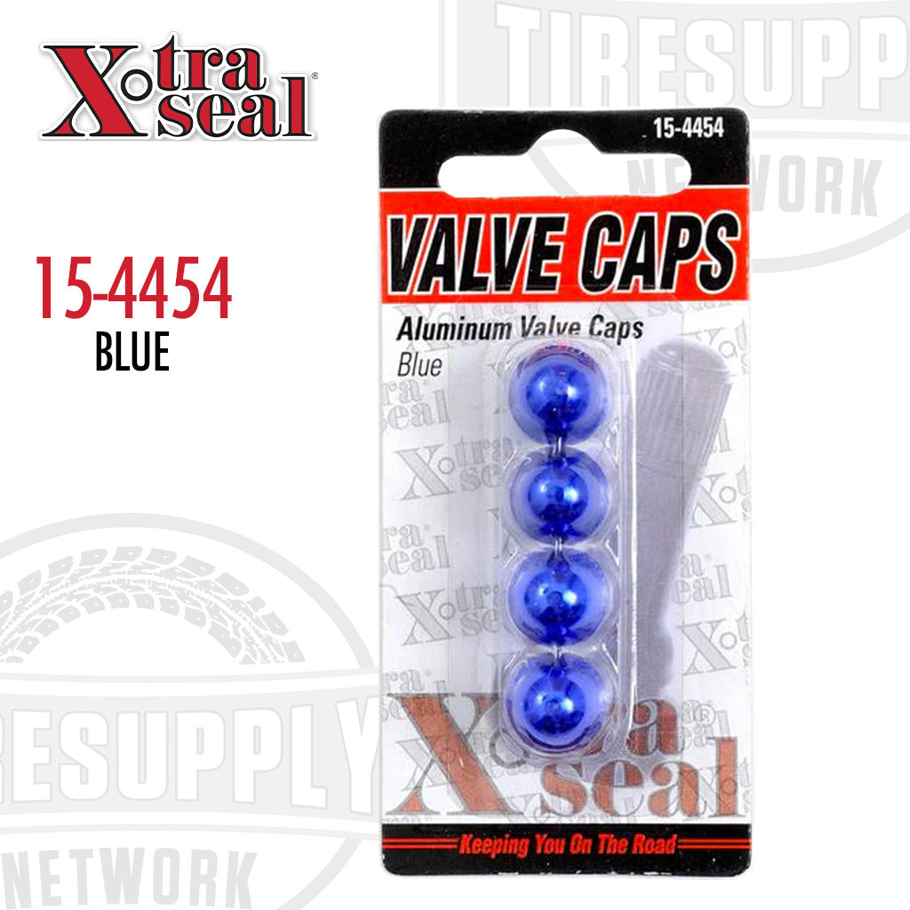 A pack of four blue aluminum valve caps by Xtra Seal, displayed in retail packaging.
