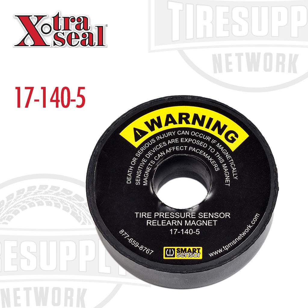 A black magnetic tire pressure sensor relearn magnet with yellow warning label, carrying the Xtra Seal. 17-140-5.
