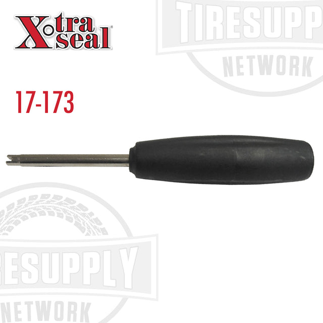 A black torque tool with metallic parts, used for installing TPMS valve cores, with the Xtra Seal logo and product number 17-173 visible.