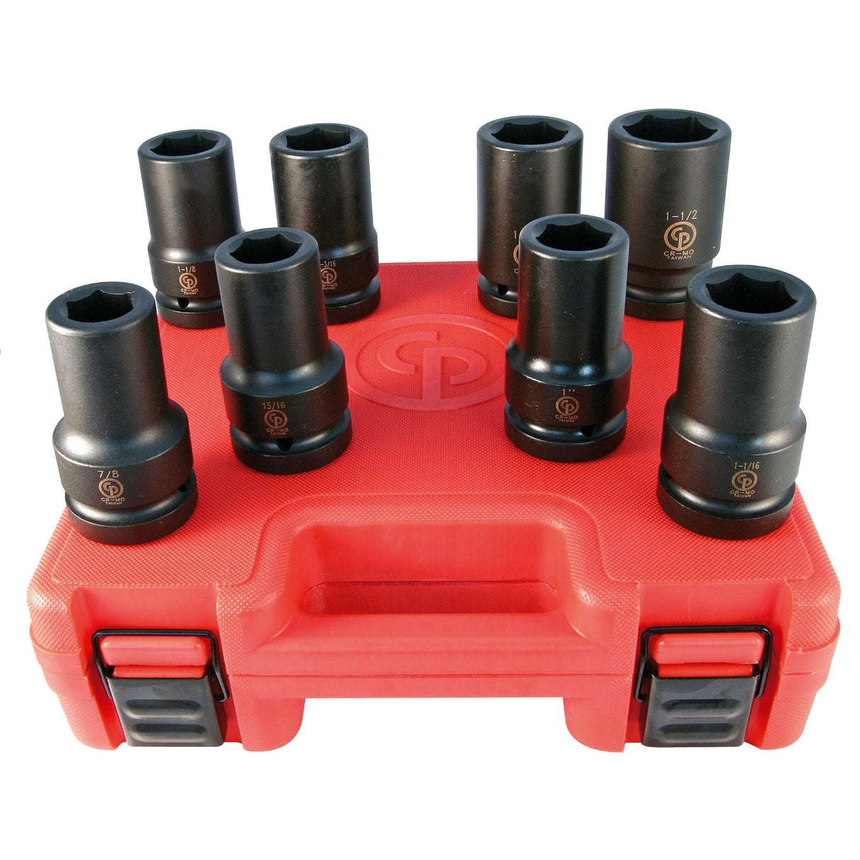 A set of black Chicago Pneumatic brand impact sockets arranged in a red blow molded storage case. SS808D