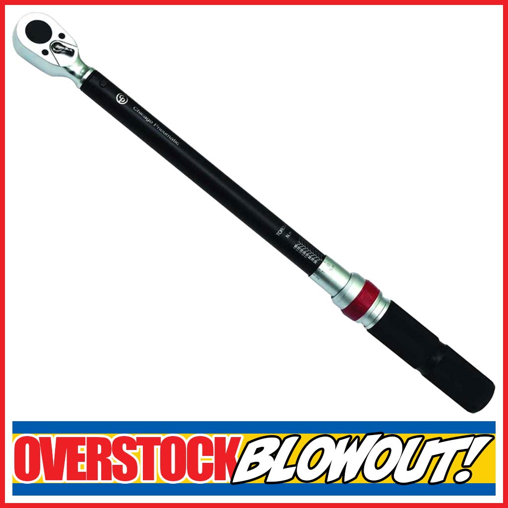 Chicago Pneumatic torque wrench with a black handle, silver and red details, on a promotional background with 'Overstock Blowout' text. CP8917