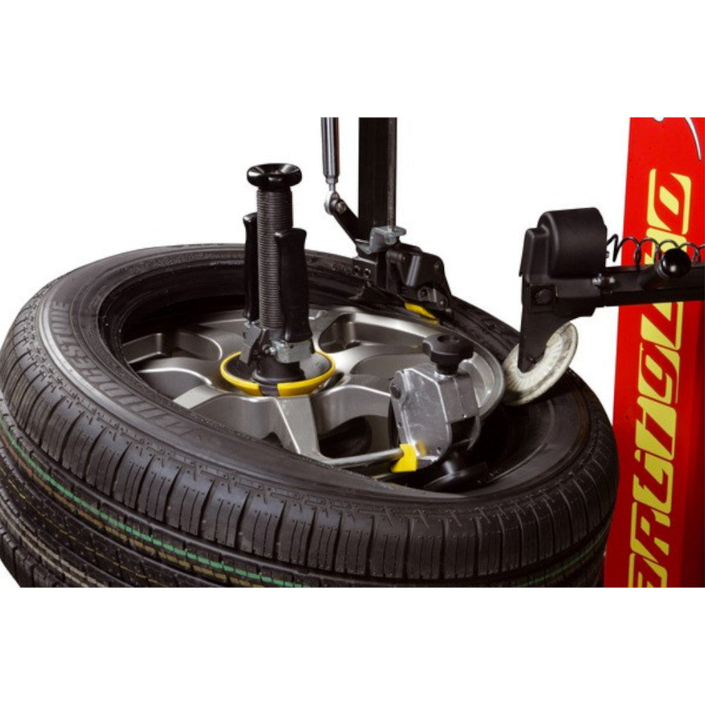 Axial mounting turntable allows quick, secure wheel clamping and bead breaking on both sides with no need to turn the wheel over (wheel is clamped on the machine just once)