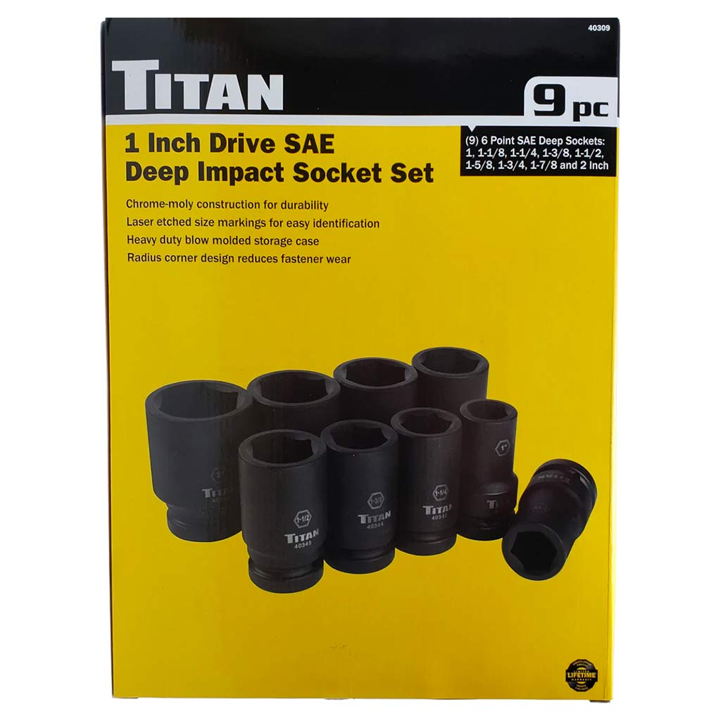 Titan Tools 40309 1″ Drive 6-Point 9-Piece SAE Deep Impact Socket Set