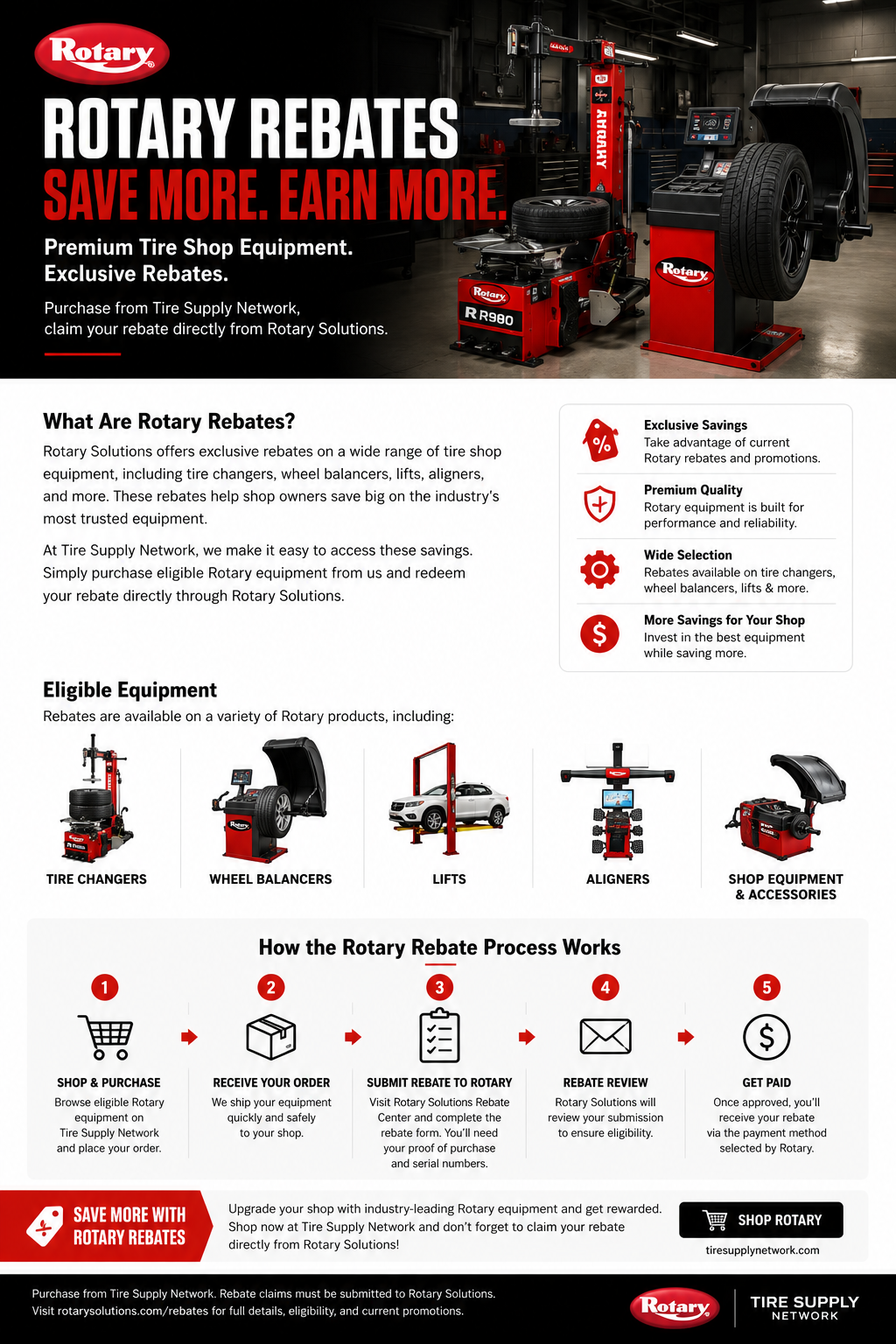 Rotary tire changer and wheel balancer rebate promotion for automotive repair shops