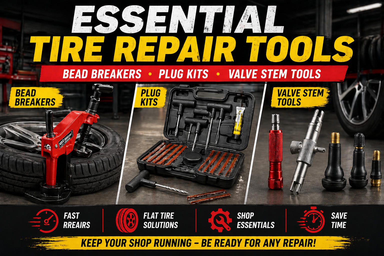 Essential Tire Repair Tools: Bead Breakers, Plug Kits & Valve Stem Tools
