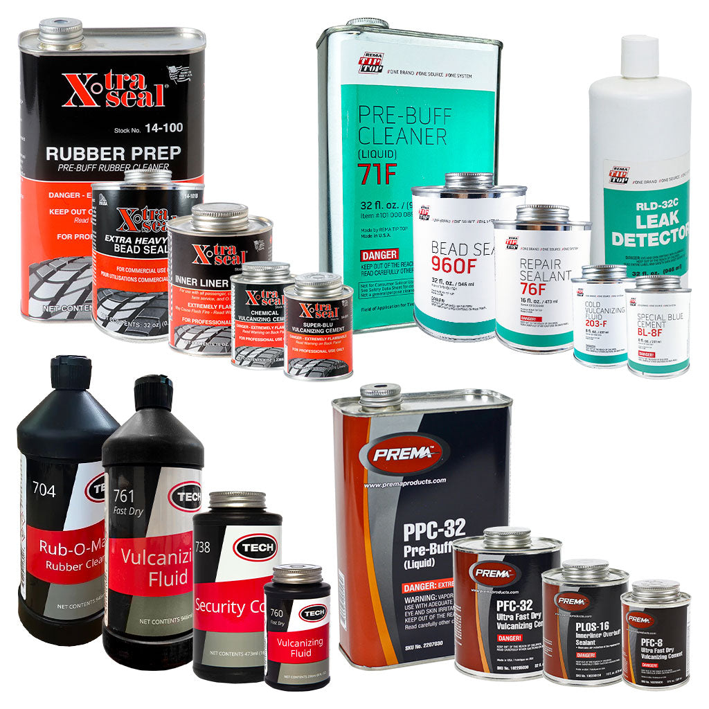xtra seal and rema cleaner fluid pre-buff, bead sealer, inner liner sealer, chemical vulcanizing cement, blue cement, repair sealant, and leak detector