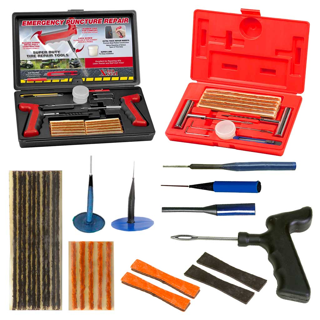 brown and black string inserts, pull through inserts, plug patch combo repair units, and string repair kit with T-handle insertion tool