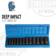 A set of black sockets organized in a blue tool case, labeled as Grey Pneumatic 1/2 inch drive deep length impact set. 1312D