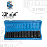 A set of black sockets organized in a blue tool case, labeled as Grey Pneumatic 1/2 inch drive deep length impact set. 1312D